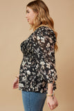 HY6542W BLACK Plus Textured Floral Chiffon Smocked Square Neck Top Front