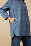 HY6552 BLUE Womens Textured Velvet Yarn Button Up Shacket Detail
