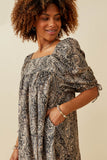 HY6628 BLACK Womens Paisley Print Tie Sleeve Square Neck Dress Side