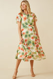 HY6829 GREEN Womens Floral Print Ruffle Neck Layered Sleeve Dress Full Body