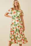 HY6829W GREEN Plus Floral Print Ruffle Neck Layered Sleeve Dress Full Body