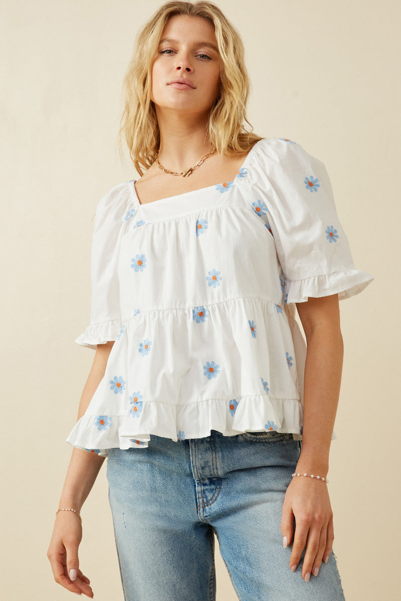 HY7224 Blue Womens All Over Daisy Embroidered Square Neck Top Front
