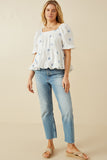 HY7224 Blue Womens All Over Daisy Embroidered Square Neck Top Full Body