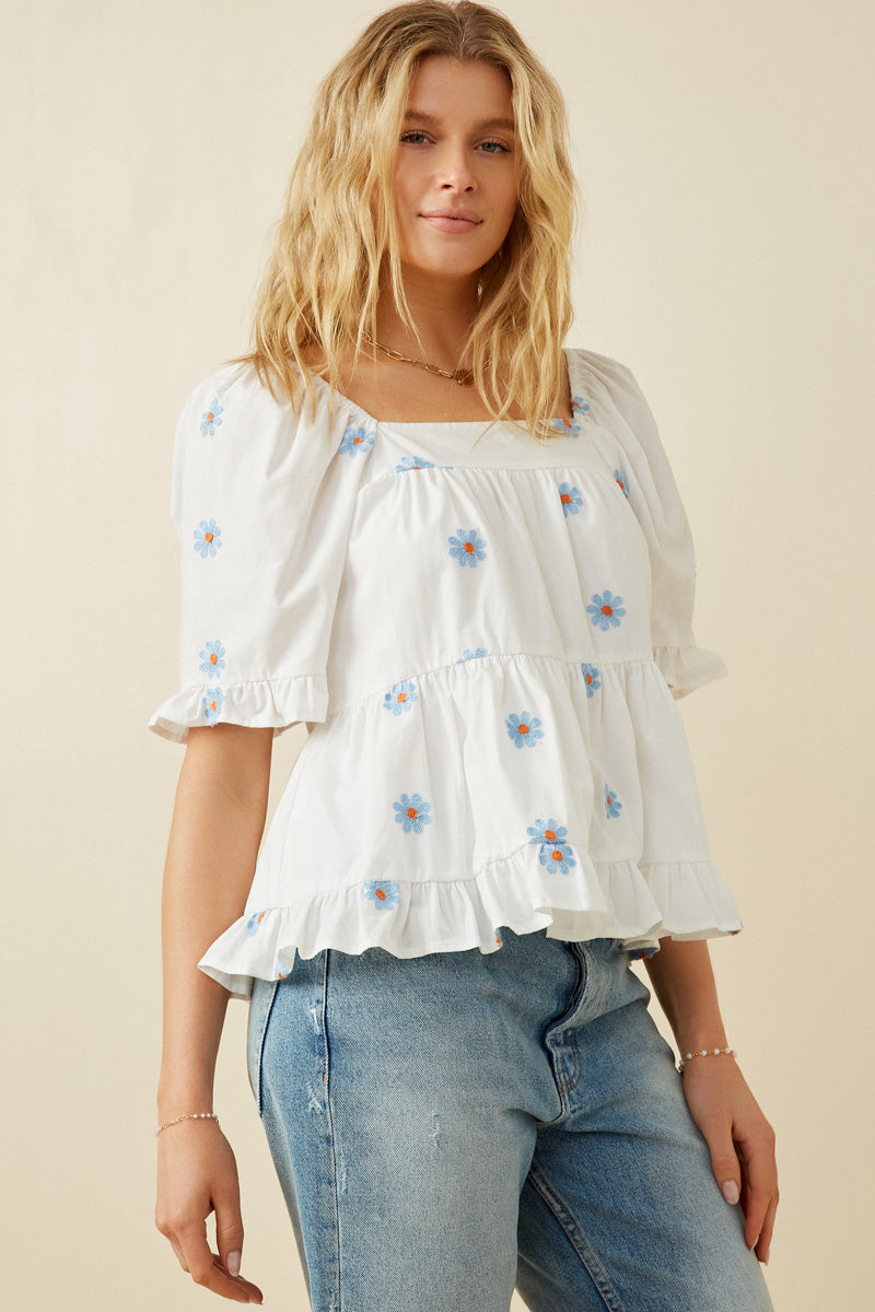 HY7224W Blue Plus All Over Daisy Embroidered Square Neck Top Gif