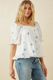 HY7224W Blue Plus All Over Daisy Embroidered Square Neck Top Gif