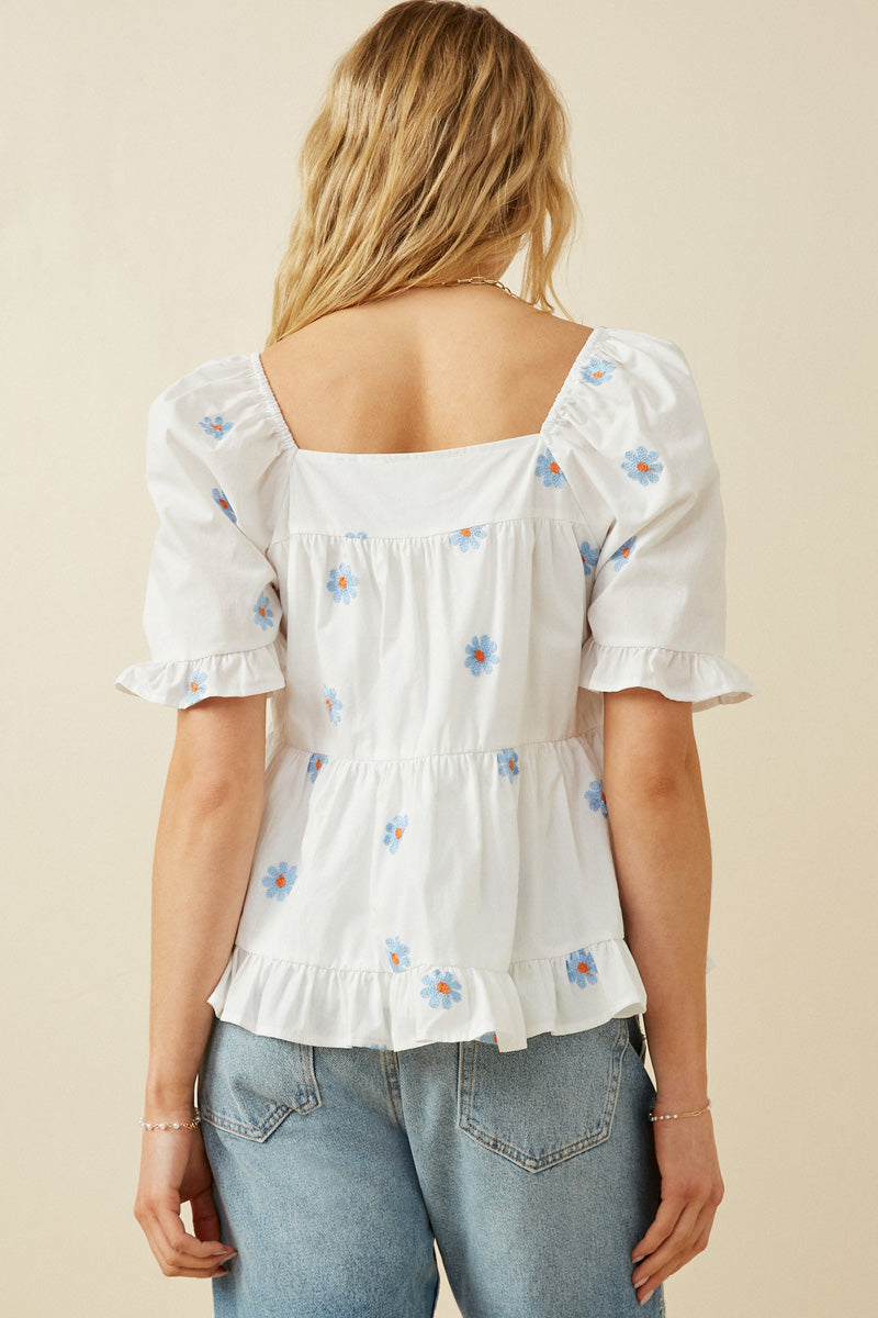 HY7224W Blue Plus All Over Daisy Embroidered Square Neck Top Full Body