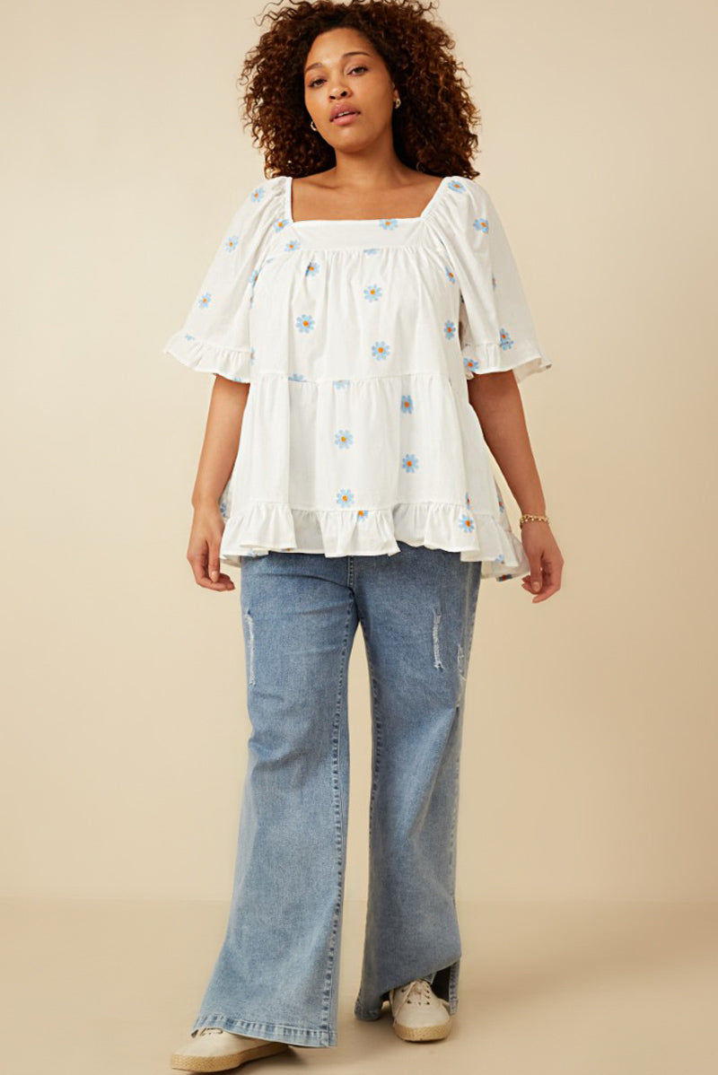 HY7224W Blue Plus All Over Daisy Embroidered Square Neck Top Front
