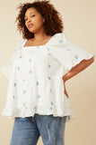 HY7224 Blue Womens All Over Daisy Embroidered Square Neck Top Full Body