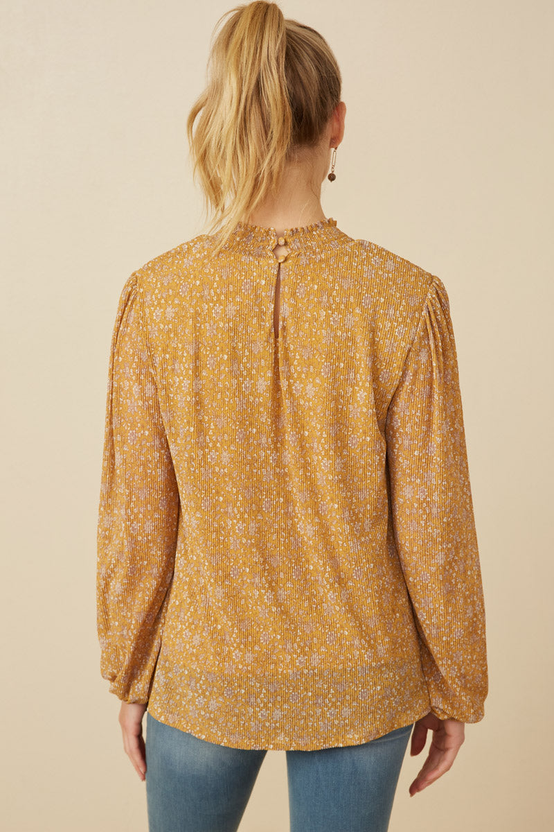 HY7244 Mustard Womens Pleated Ditsy Floral Smock Detail Top Side