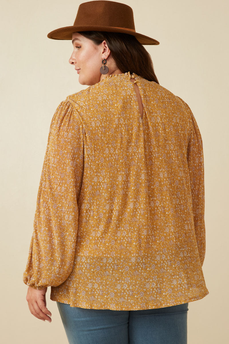 HY7244W Mustard Plus Pleated Ditsy Floral Smock Detail Top Side