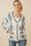 HY7463W Grey Plus Mixed Knit Statement Button Quilted Sweater Cardigan Front