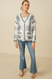 HY7463 Grey Womens Mixed Knit Statement Button Quilted Sweater Cardigan Gif