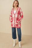 HY7463 Pink Womens Mixed Knit Statement Button Quilted Sweater Cardigan Gif
