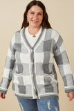HY7463 Grey Womens Mixed Knit Statement Button Quilted Sweater Cardigan Front