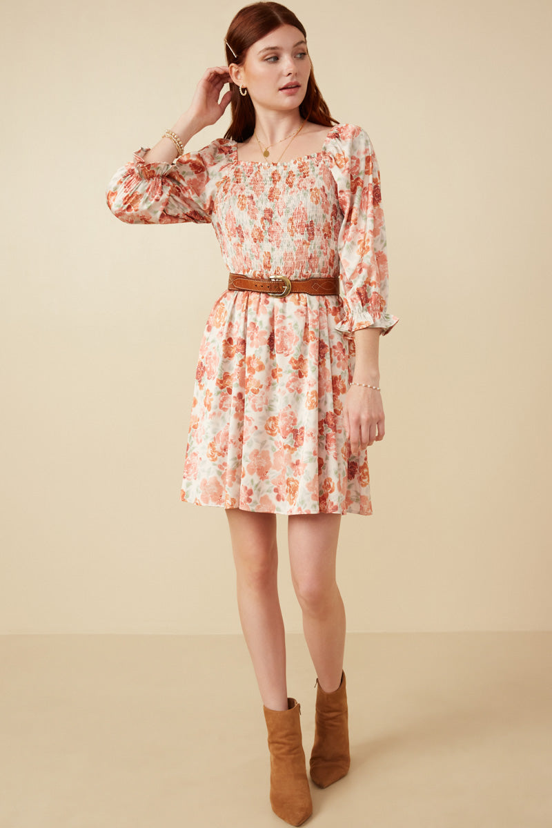 HY7471 Rust Womens Floral Print Cinch Cuff Smocked Square Neck Dress Gif