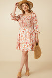 HY7471 Rust Womens Floral Print Cinch Cuff Smocked Square Neck Dress Back