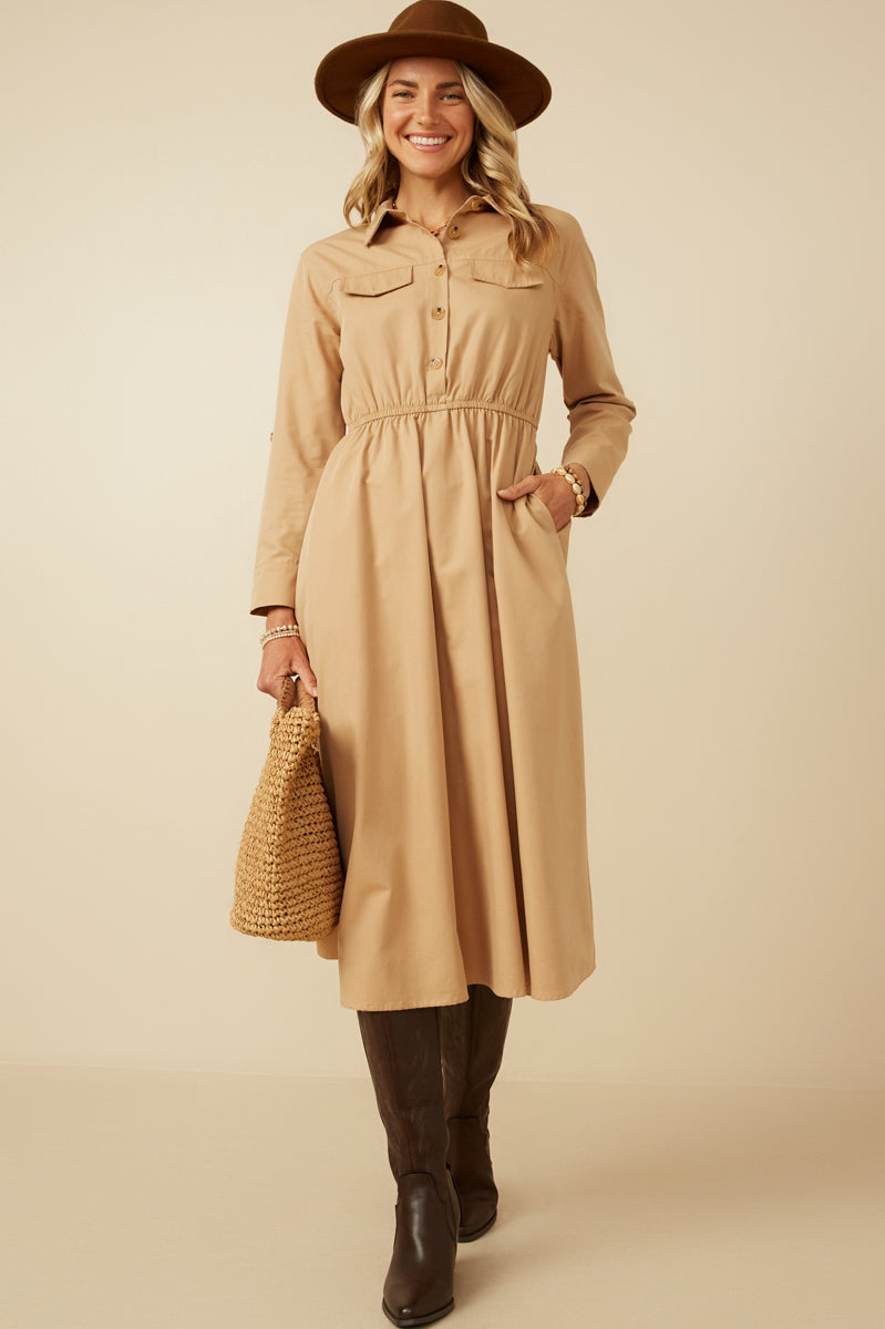 HY7492 Camel Womens Button Up Collared Twill Dress Full Body