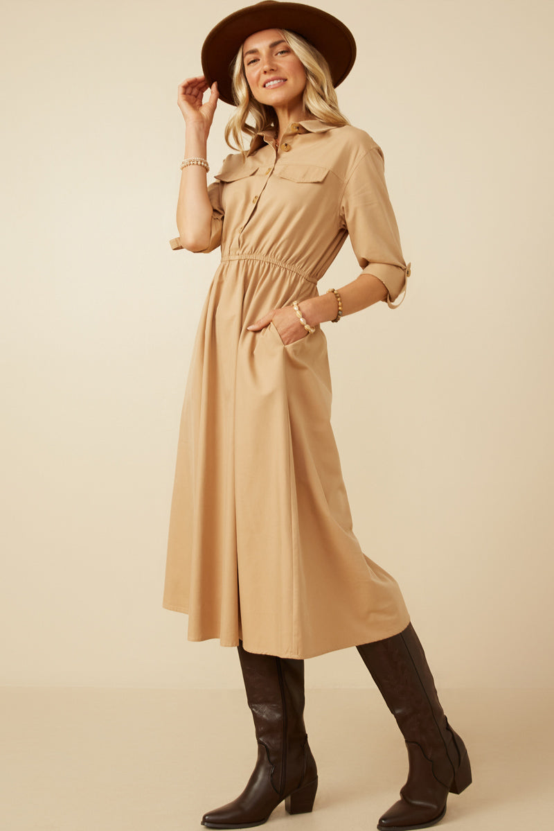 HY7492 Camel Womens Button Up Collared Twill Dress Gif