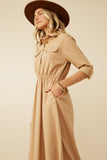 HY7492 Camel Womens Button Up Collared Twill Dress Pose
