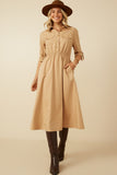 HY7492 Camel Womens Button Up Collared Twill Dress Full Body 2