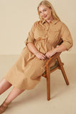 HY7492W Camel Plus Button Up Collared Twill Dress Pose