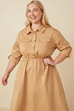 HY7492 Camel Womens Button Up Collared Twill Dress Full Body 2