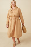 HY7492W Camel Plus Button Up Collared Twill Dress Detail