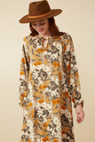 HY7519 Taupe Womens Bold Floral Print Long Sleeve Tie Detail Maxi Dress Gif