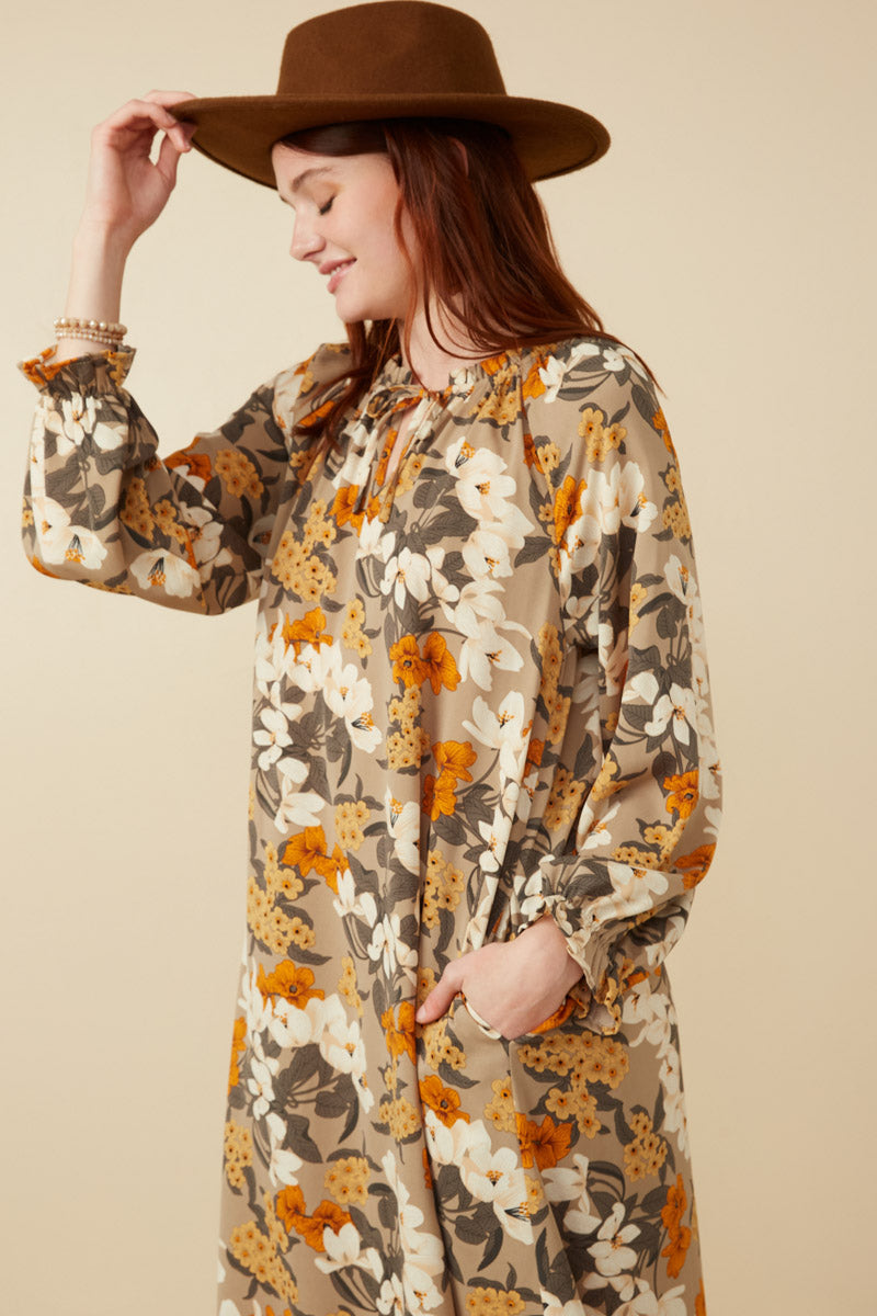 HY7519 Taupe Womens Bold Floral Print Long Sleeve Tie Detail Maxi Dress Front