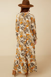 HY7519 Taupe Womens Bold Floral Print Long Sleeve Tie Detail Maxi Dress Front 2