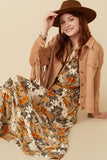 HY7519 Taupe Womens Bold Floral Print Long Sleeve Tie Detail Maxi Dress Back