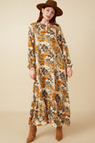 HY7519 Taupe Womens Bold Floral Print Long Sleeve Tie Detail Maxi Dress Pose