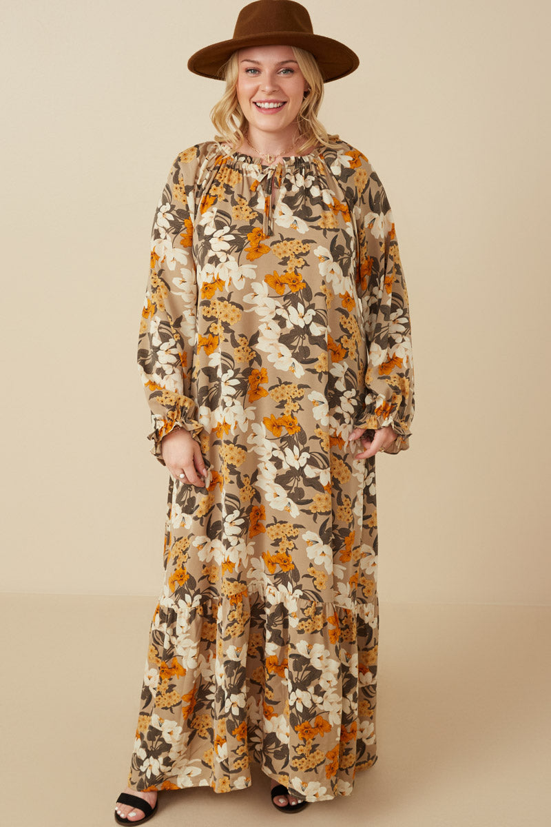 HY7519W Taupe Plus Bold Floral Print Long Sleeve Tie Detail Maxi Dress Full Body