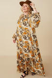 HY7519 Taupe Womens Bold Floral Print Long Sleeve Tie Detail Maxi Dress Full Body