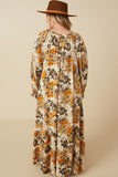 HY7519W Taupe Plus Bold Floral Print Long Sleeve Tie Detail Maxi Dress Full Body 2