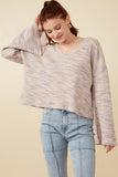 HY7523 Lavender Mix Womens Textured V Neck Drop Should Marled Knit Top Front
