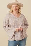 HY7523W Lavender Plus Textured V Neck Drop Should Marled Knit Top Front