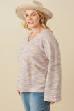 HY7523W Lavender Plus Textured V Neck Drop Should Marled Knit Top Gif