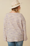HY7523W Lavender Plus Textured V Neck Drop Should Marled Knit Top Full Body
