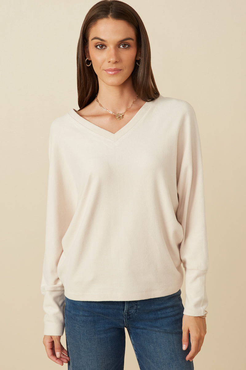 HY7538 Beige Womens Brushed Button Detail V Neck Cuffed Dolman Knit Top Front