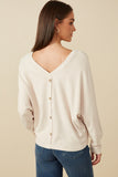 HY7538 Beige Womens Brushed Button Detail V Neck Cuffed Dolman Knit Top Side
