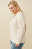 HY7538W Beige Plus Brushed Button Gif V Neck Cuffed Dolman Knit Top Gif