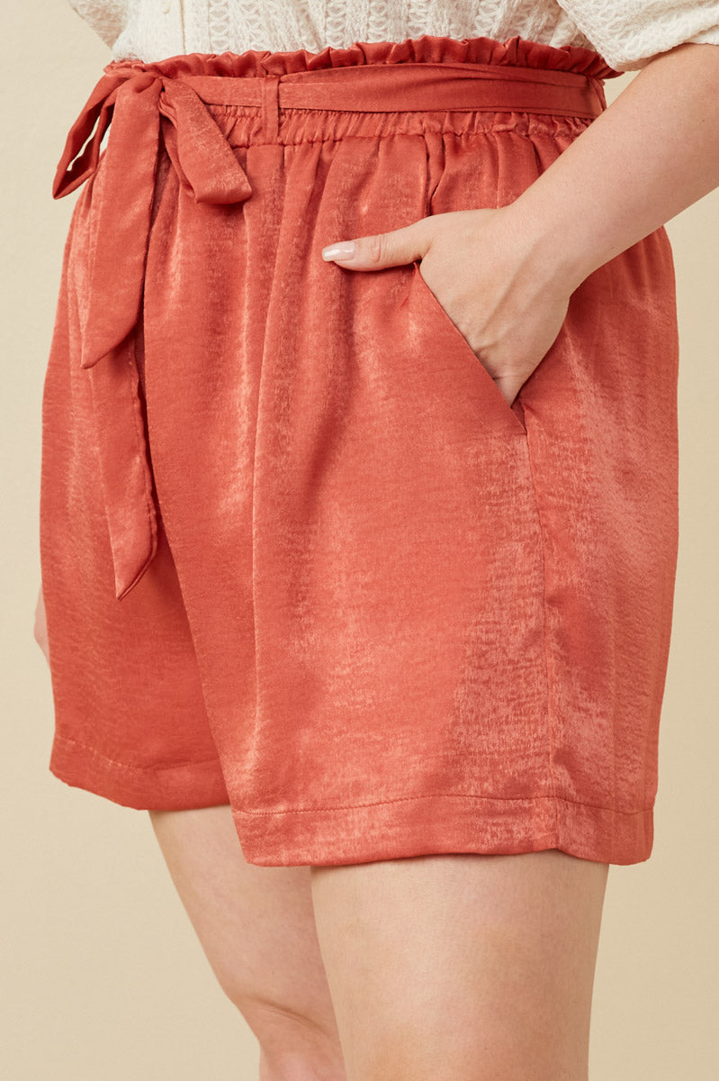 HY7555W Rust Plus Textured Satin Belted Short Gif