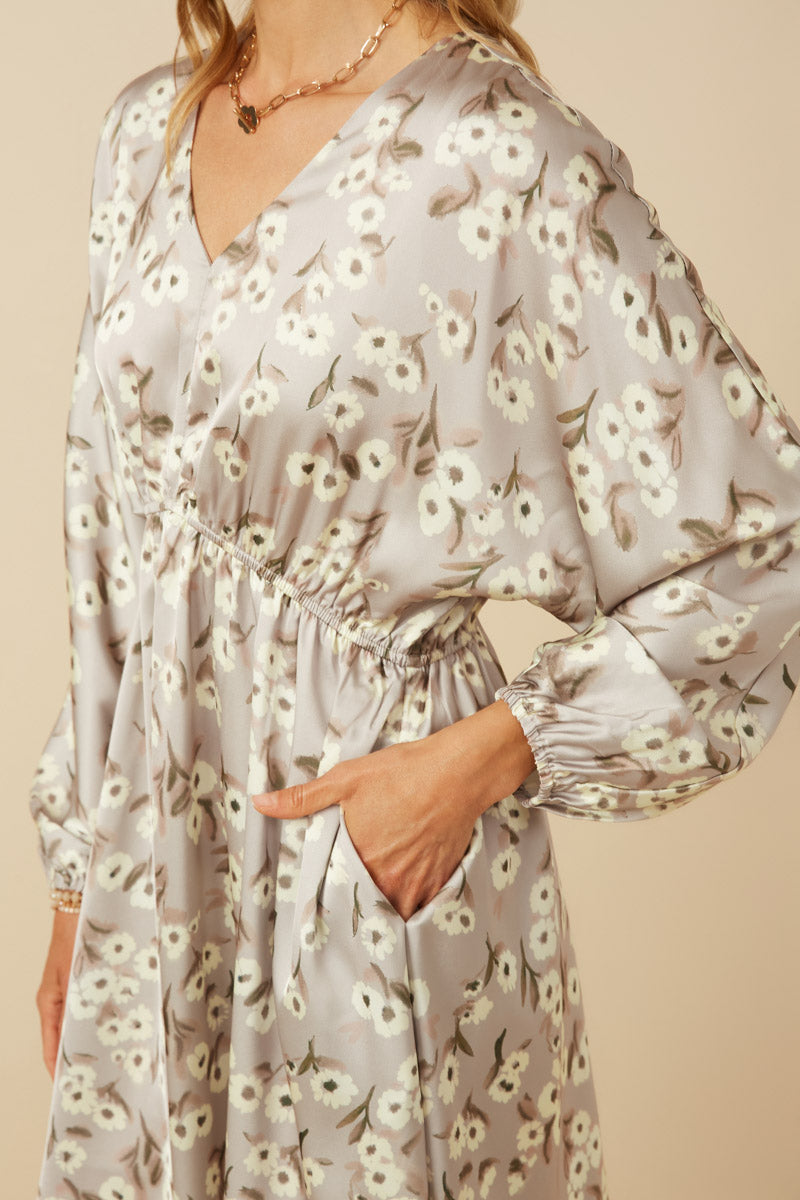 HY7571 Taupe Womens Satin Floral Print V Neck Dolman Sleeve Dress Full Body