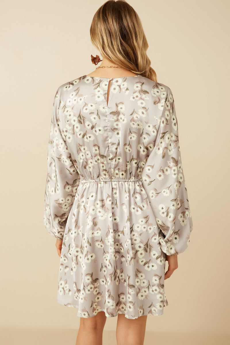 HY7571 Taupe Womens Satin Floral Print V Neck Dolman Sleeve Dress Detail