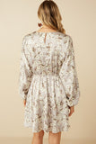 HY7571 Taupe Womens Satin Floral Print V Neck Dolman Sleeve Dress Detail
