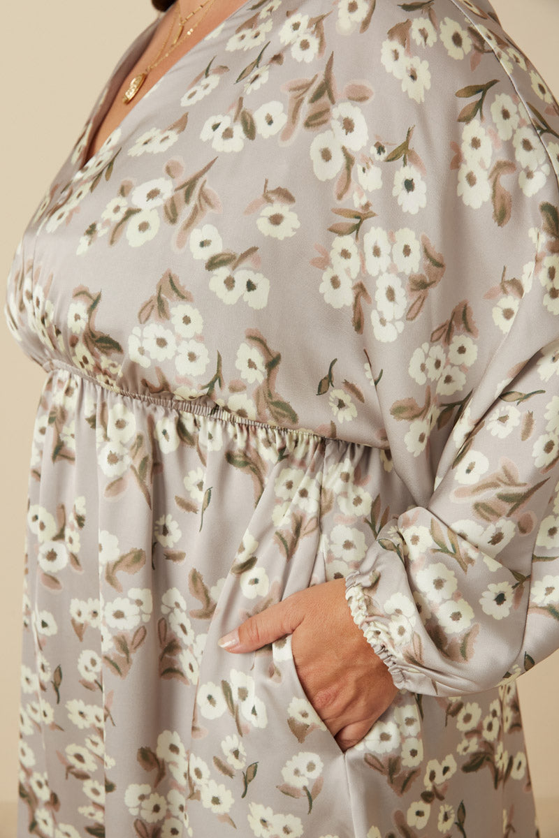 HY7571W Taupe Plus Satin Floral Print V Neck Dolman Sleeve Dress Gif