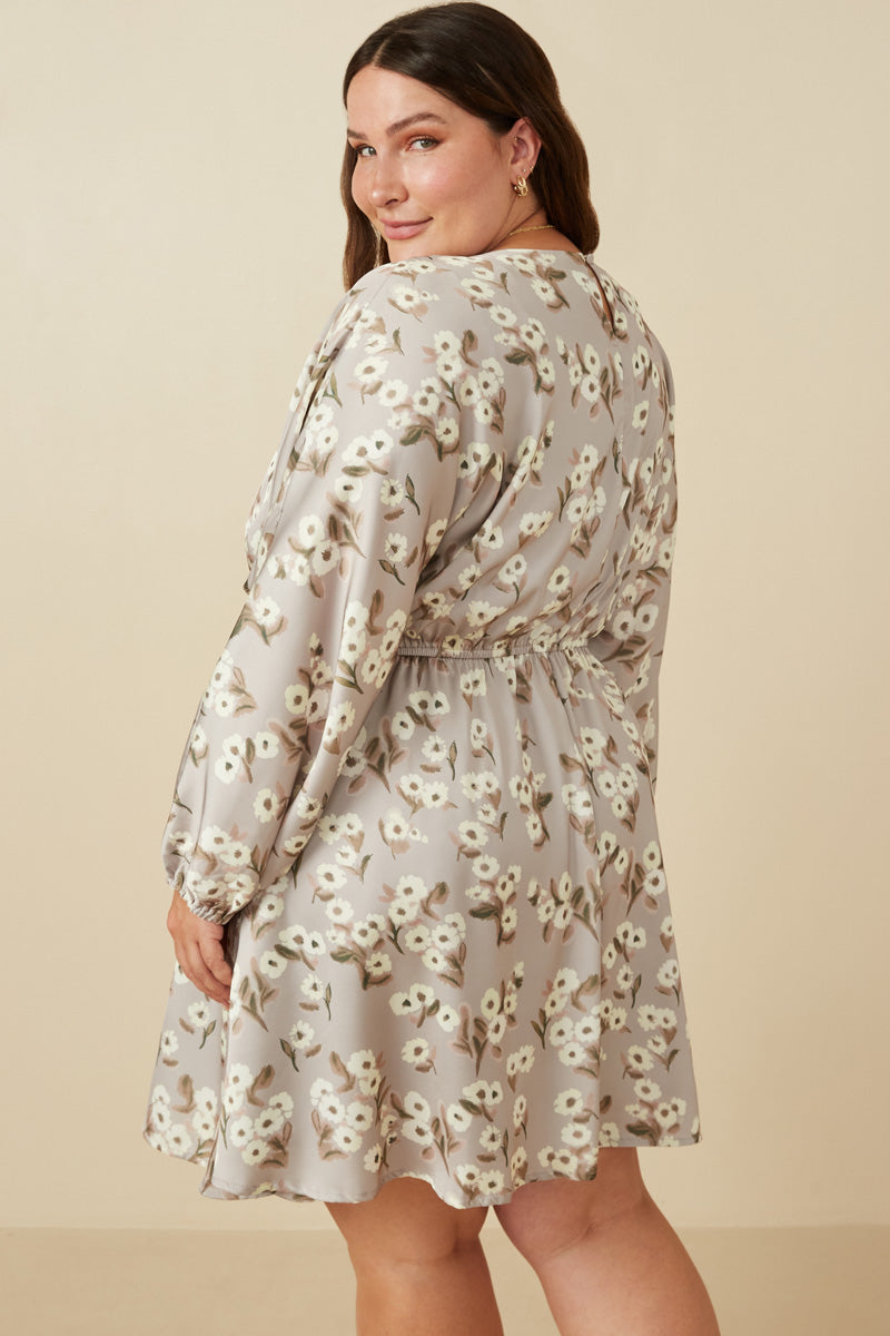 HY7571W Taupe Plus Satin Floral Print V Neck Dolman Sleeve Dress Full Body