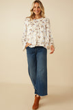 HY7590 Ivory Womens Textured Satin Floral Asymmetric Peasant Sleeve Top Gif