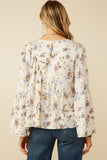 HY7590 Ivory Womens Textured Satin Floral Asymmetric Peasant Sleeve Top Side